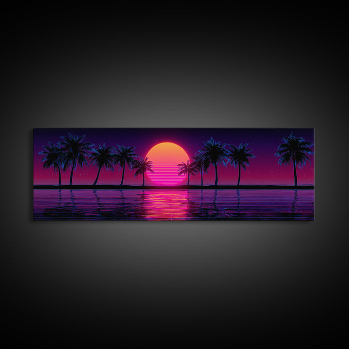 Neon Palm Tree Sunset Canvas Print, Tropical Beach Wall Art, Retro Coastal Decor, Pink Purple Living Room Art, Home Decor