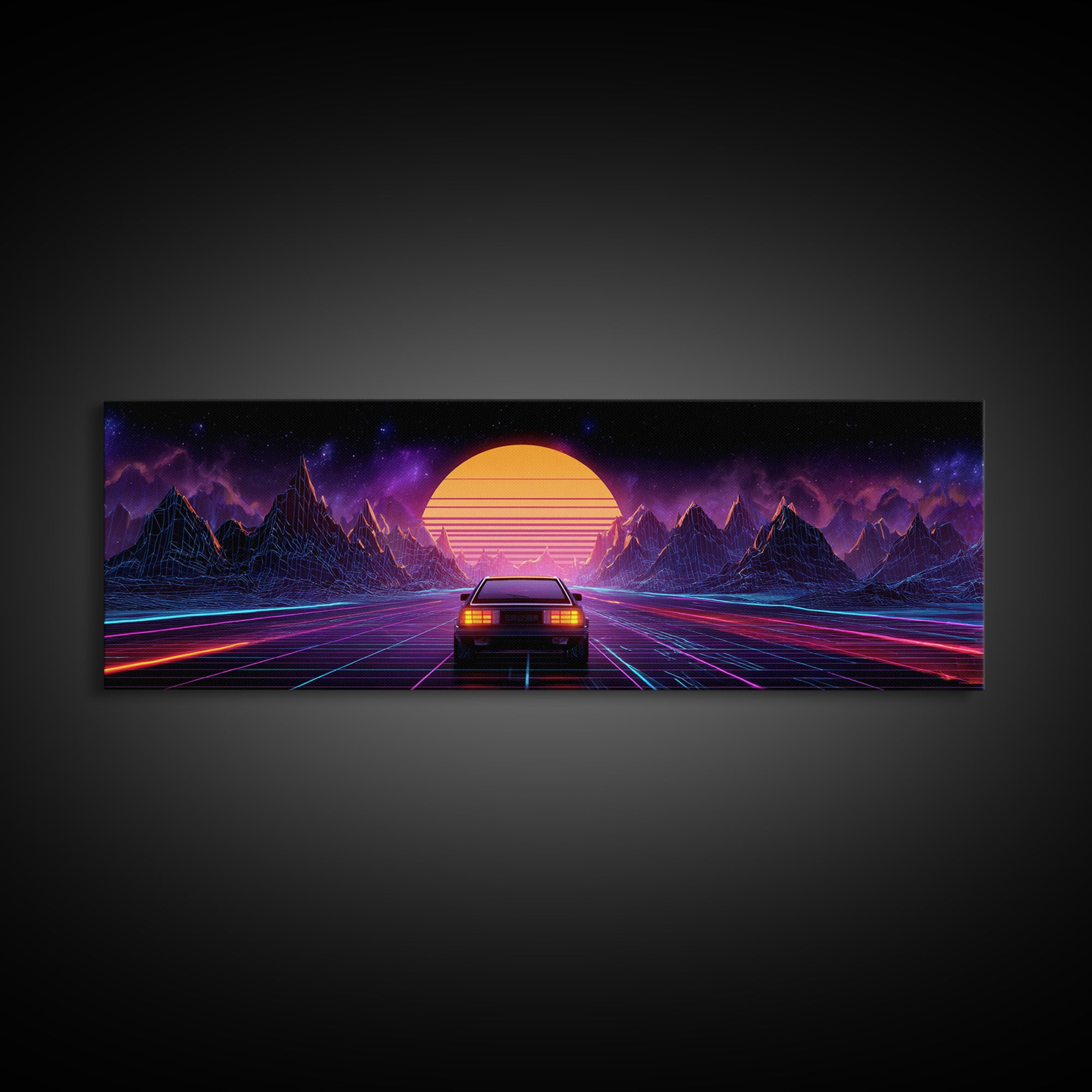 Neon Synthwave Car Wall Art, Retro Futuristic Mountains, Cyberpunk Sunset Decor, Gaming Room Poster, Panoramic Canvas Print