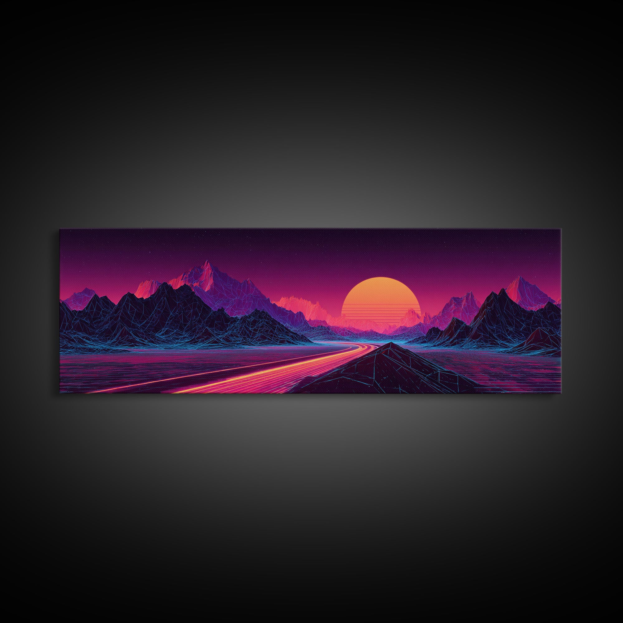 Neon Highway Through Purple Mountains Framed Canvas Print, Synthwave Wall Art, Retro Futuristic Decor, Gaming Room Poster
