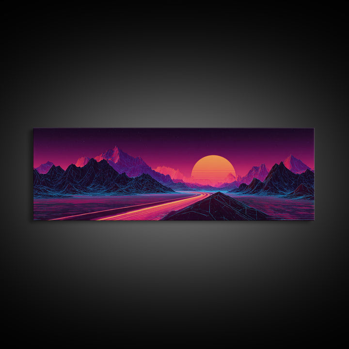 Neon Highway Through Purple Mountains Framed Canvas Print, Synthwave Wall Art, Retro Futuristic Decor, Gaming Room Poster