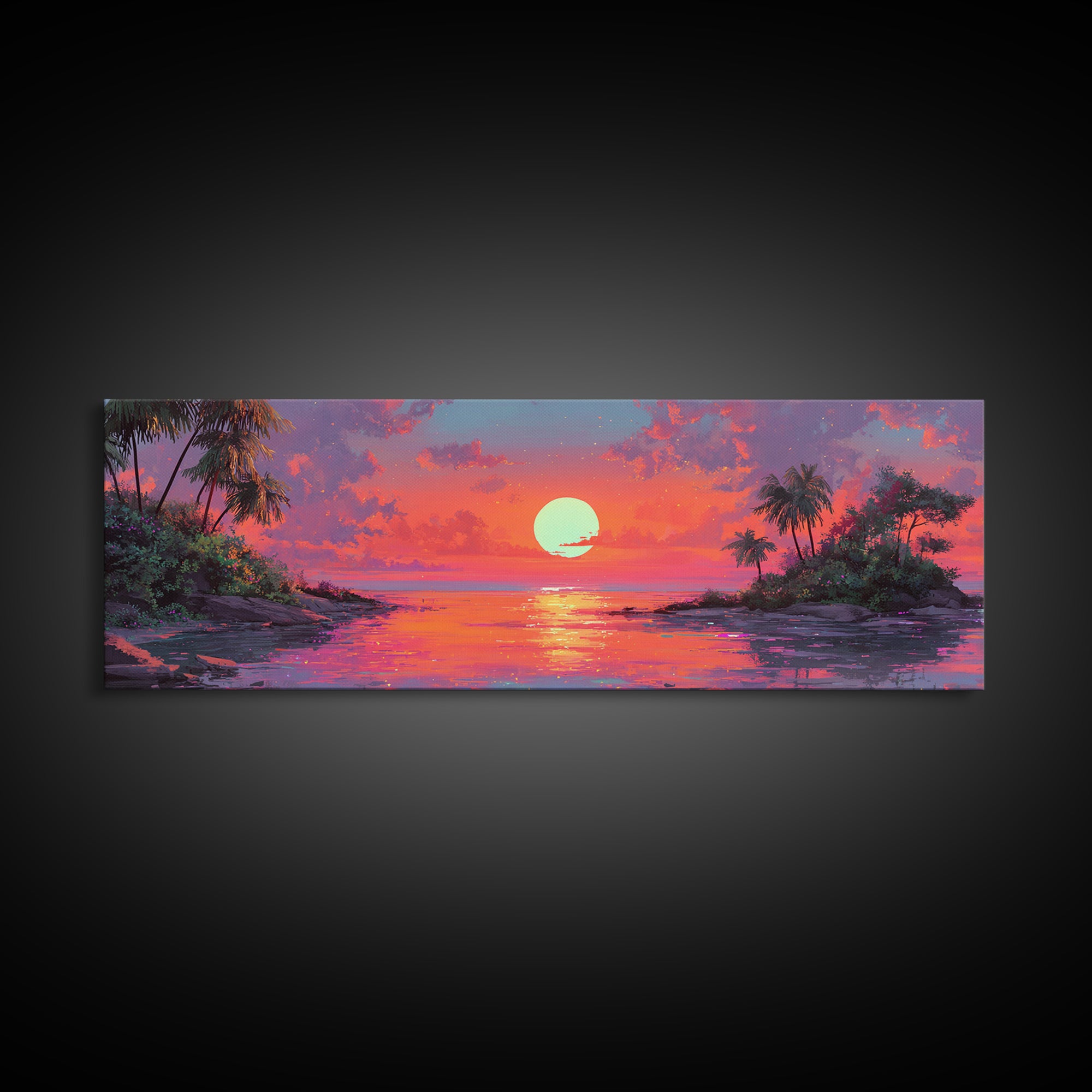 Tropical Island Sunset Cove Wall Art, Extra Wide Canvas Print, Coastal Beach House Decor, Vibrant Ocean Living Room Wall Decor