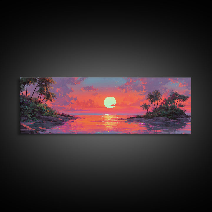 Tropical Island Sunset Cove Wall Art, Extra Wide Canvas Print, Coastal Beach House Decor, Vibrant Ocean Living Room Wall Decor