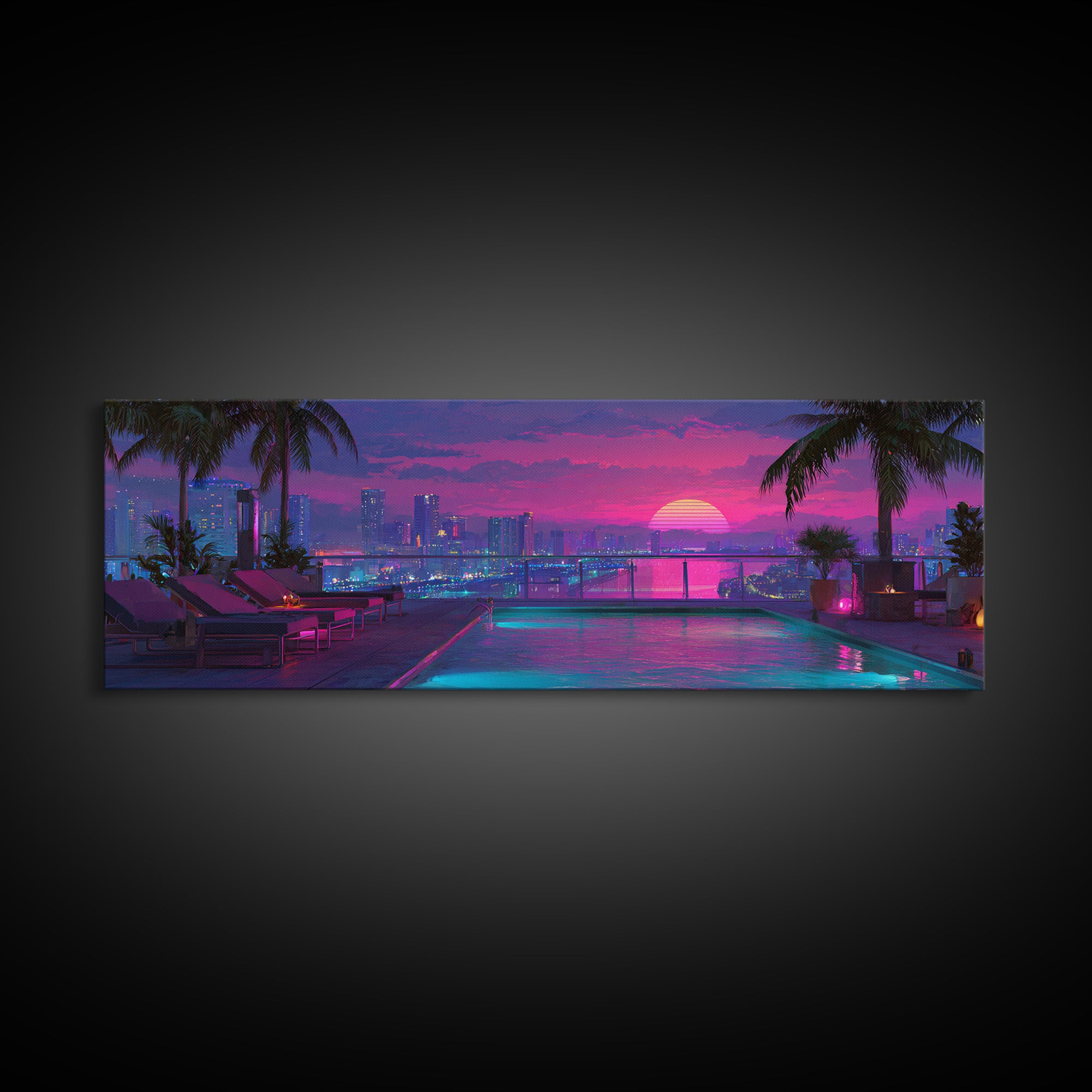 Neon Rooftop Pool At Sunset Framed Canvas Print, Cyberpunk City Wall Art, Tropical Miami Decor, Vaporwave Living Room Art
