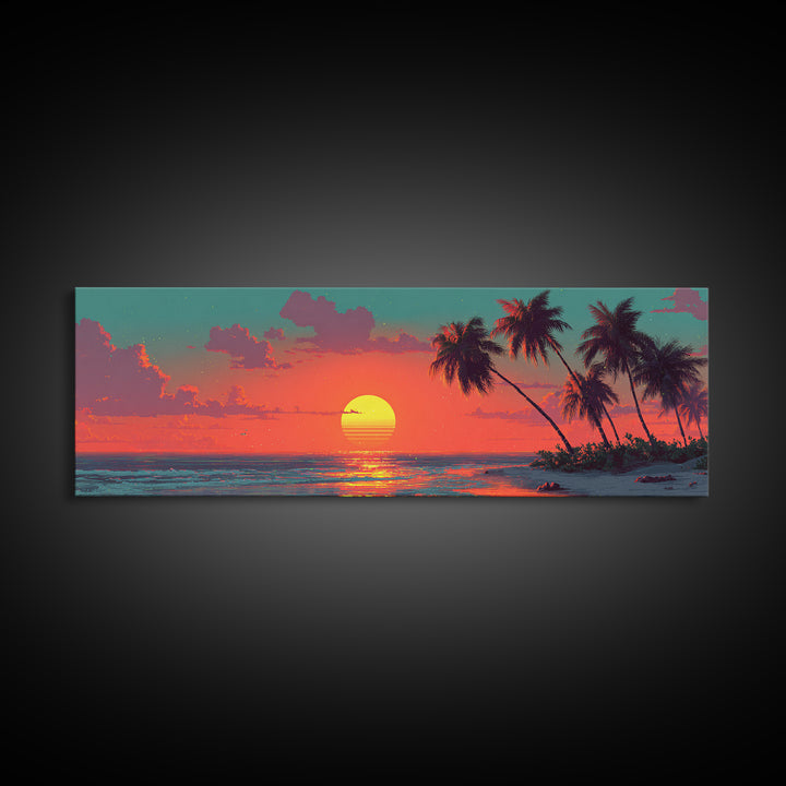 Tropical Palm Beach Sunset Wall Art, Retro Coastal Canvas Print, Ocean Seascape Decor, Summer Beach House Art Print Gift