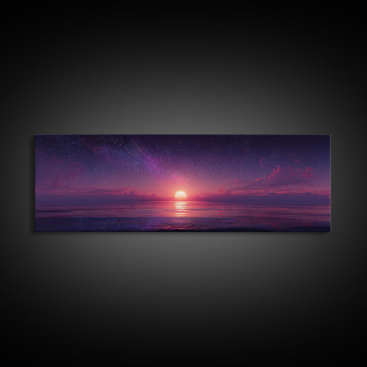 Starry Purple Ocean Sunset Wall Art, Celestial Seascape Canvas Print, Coastal Bedroom Decor, Romantic Beach House Gift For Her