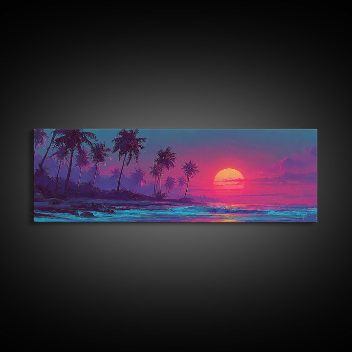 Pink Tropical Palm Island Sunset Wall Art, Neon Ocean Waves, Coastal Beach House Decor, Large Horizontal Canvas Print Poster