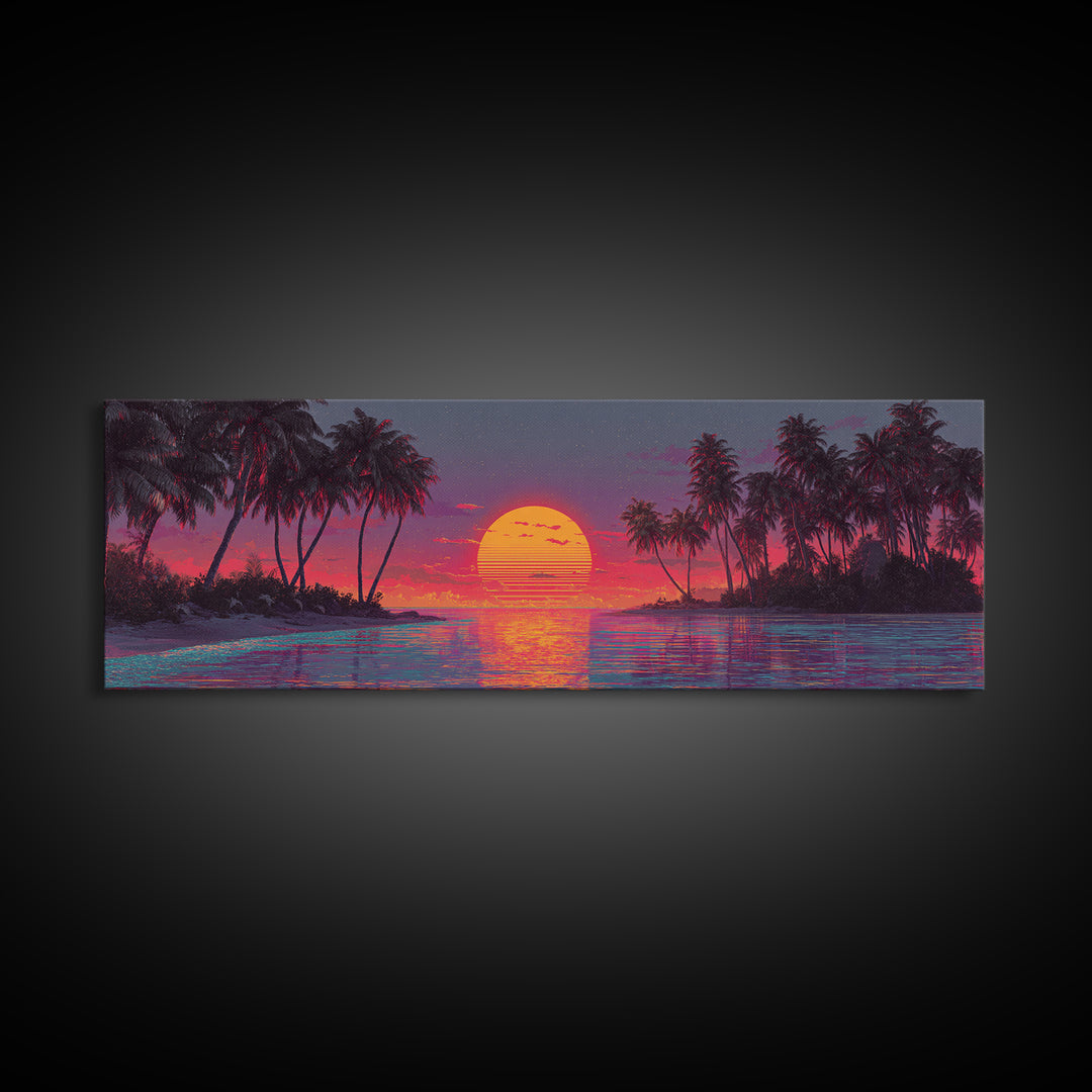 Starry Tropical Island Sunset Over Lagoon Framed Canvas Print, Coastal Wall Art, Beach House Decor, Vibrant Ocean Poster