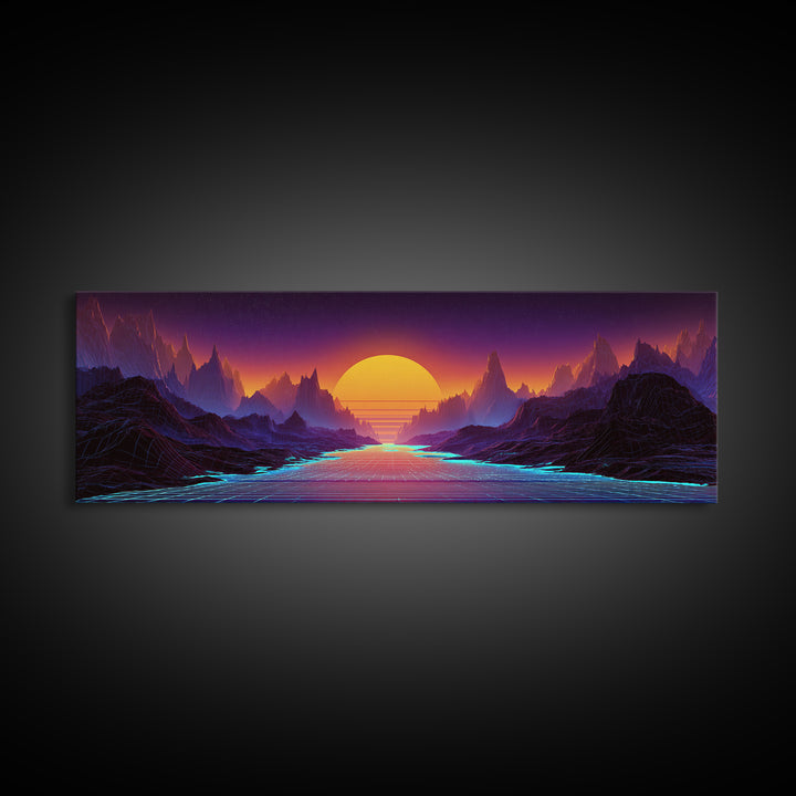 Neon Fantasy Mountain Valley Wall Art, Synthwave Landscape Canvas Print, Futuristic Decor, Gaming Room, Large Poster, Home Decor