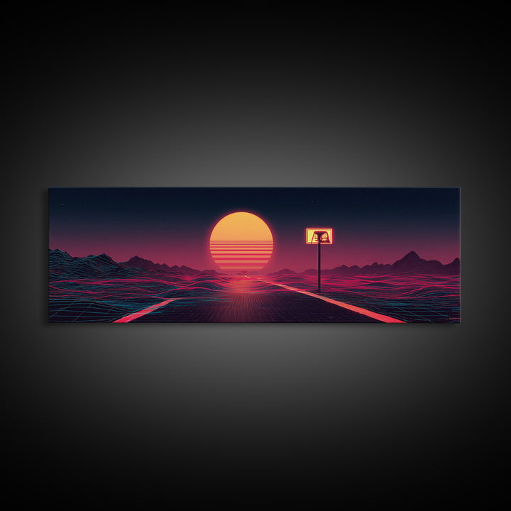 Lonely Neon Desert Highway With Retro Sun Canvas Print, Vaporwave Wall Art, Futuristic Decor, Gamer Room Poster Gift For Him