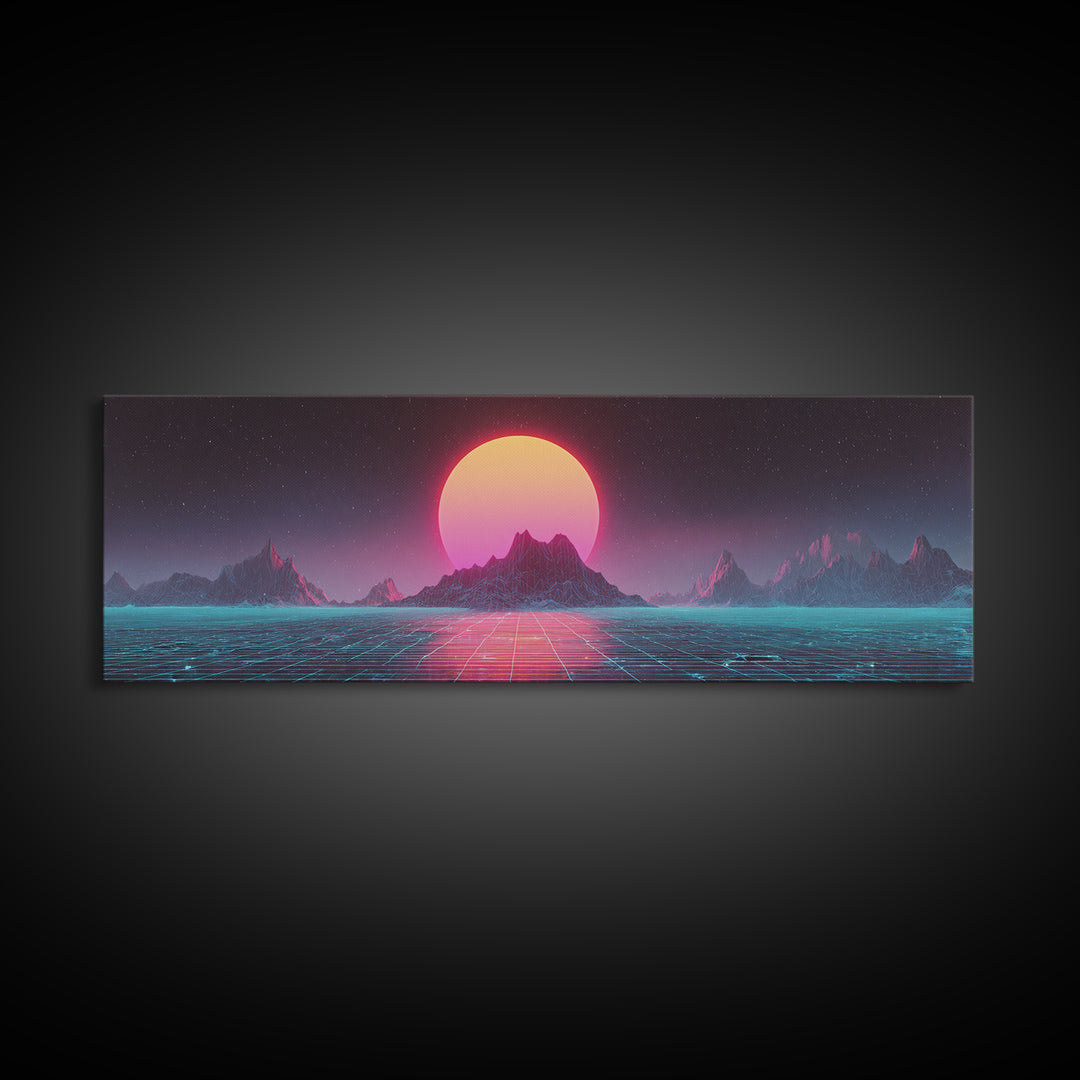 Alien Mountain Grid Sunset Wall Art, Retro Futuristic Synthwave Landscape, Vaporwave Home Decor, Large Horizontal Art Print