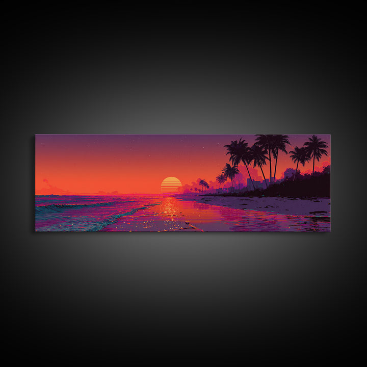 Retro Neon Tropical Beach Sunset Wall Art, Synthwave Coastal Decor, Palm Tree Ocean Print, Vibrant Summer Canvas Gift Idea