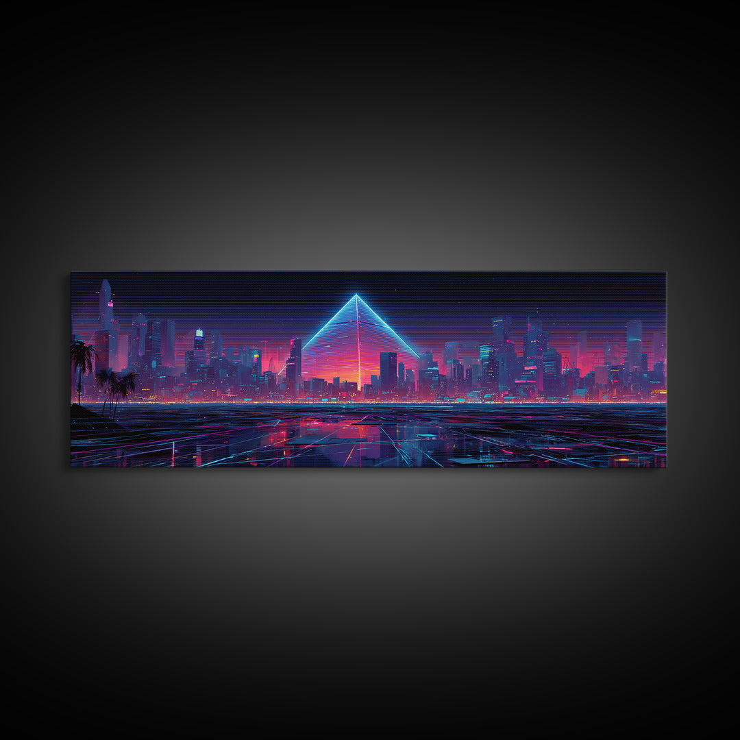 Cyberpunk Neon City With Glowing Pyramid, Futuristic Wall Art, Synthwave Canvas Print, Gaming Room Decor, Modern Office Art