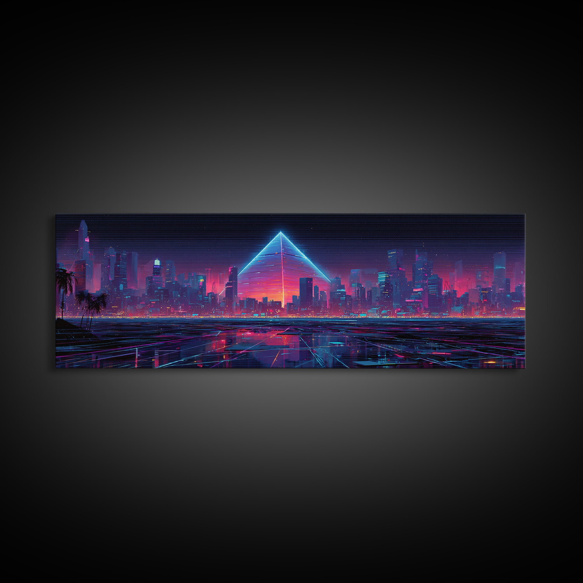 Cyberpunk Neon City With Glowing Pyramid, Futuristic Wall Art, Synthwave Canvas Print, Gaming Room Decor, Modern Office Art
