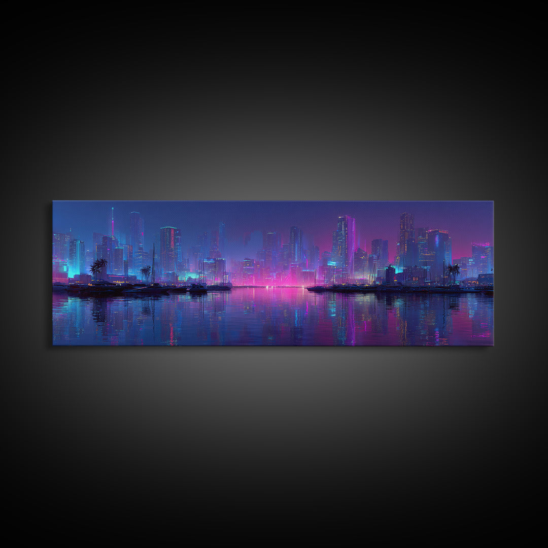 Neon Cyberpunk Skyline Canvas Print, Futuristic Cityscape Wall Art, Vaporwave Office Decor, Large Modern Urban Night Art