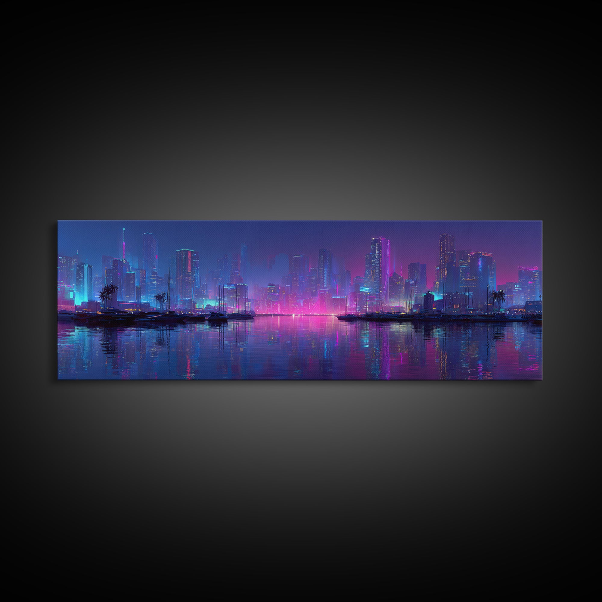 Neon Cyberpunk Skyline Canvas Print, Futuristic Cityscape Wall Art, Vaporwave Office Decor, Large Modern Urban Night Art