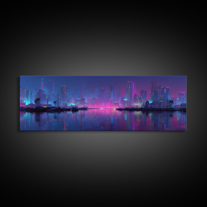 Neon Cyberpunk Skyline Canvas Print, Futuristic Cityscape Wall Art, Vaporwave Office Decor, Large Modern Urban Night Art