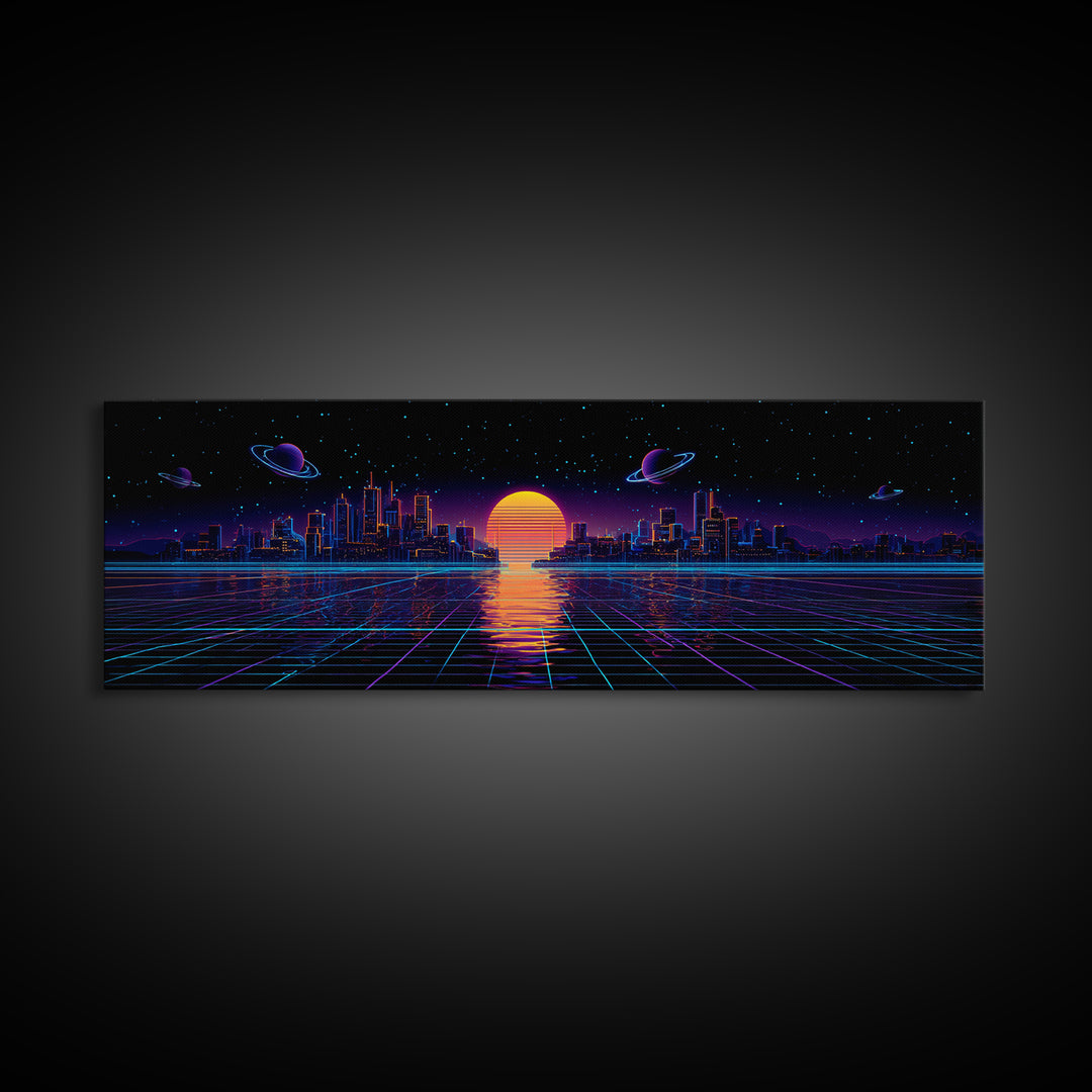 Synthwave City Skyline Over Neon Grid Canvas Print, Retro Futuristic Wall Art, Cyberpunk Decor, Vaporwave Poster Gift For Him