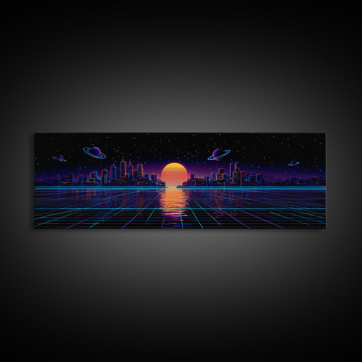 Synthwave City Skyline Over Neon Grid Canvas Print, Retro Futuristic Wall Art, Cyberpunk Decor, Vaporwave Poster Gift For Him