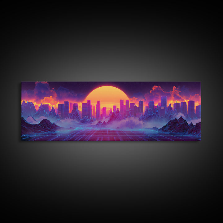 Synthwave City Sunset Skyline Canvas Print, Retro Futuristic Wall Art, Neon Mountain Decor, Vaporwave Living Room Art, Home Decor
