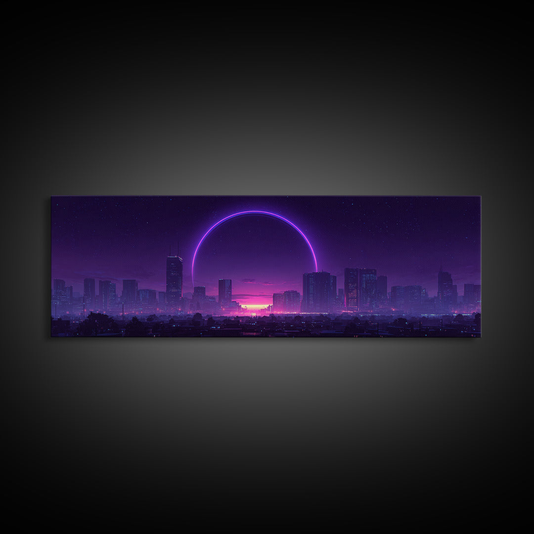 Neon City Skyline With Purple Eclipse Canvas Print, Cyberpunk Wall Art, Futuristic Urban Decor, Gaming Room Statement Art