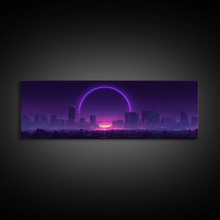 Neon City Skyline With Purple Eclipse Canvas Print, Cyberpunk Wall Art, Futuristic Urban Decor, Gaming Room Statement Art