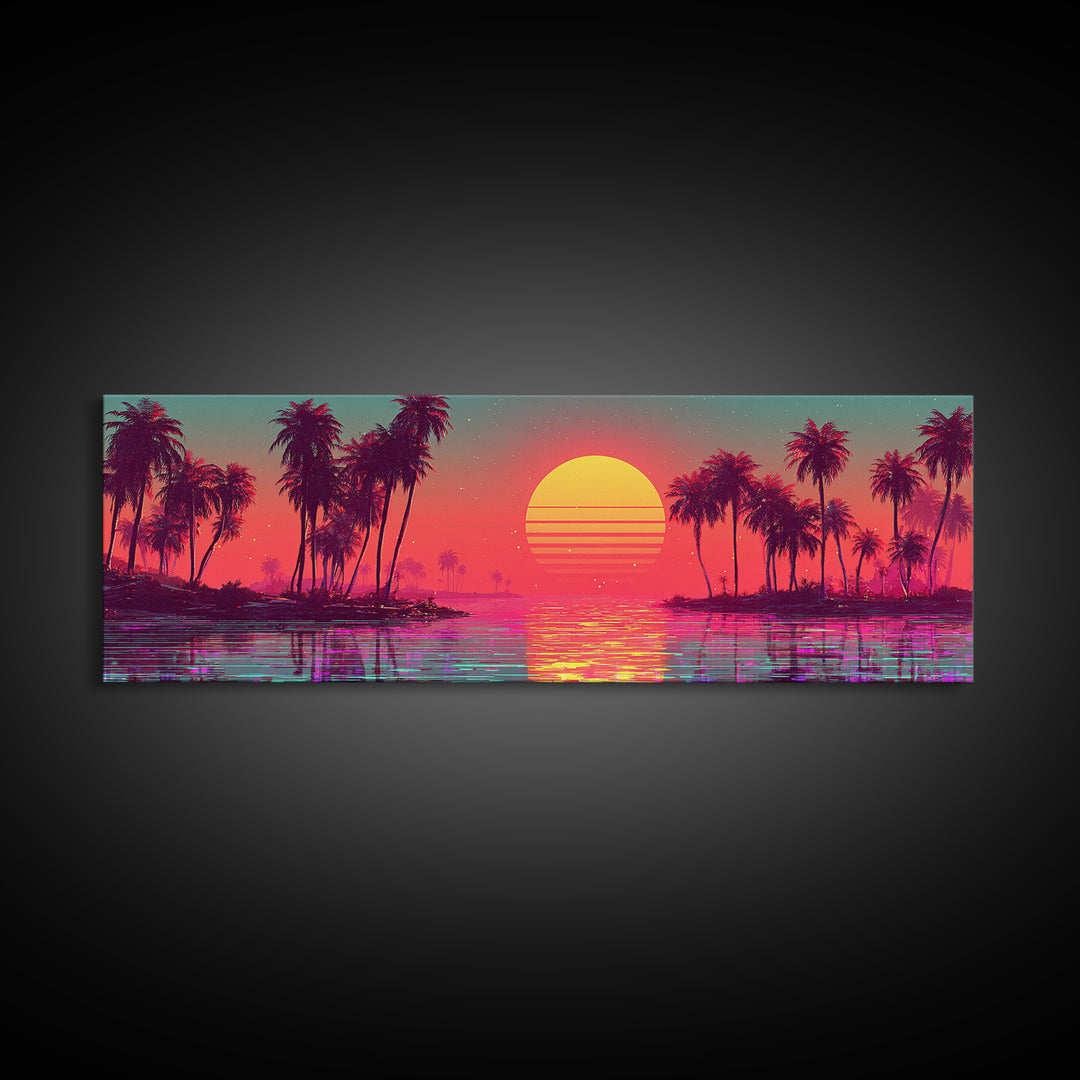 Pastel Tropical Lagoon Sunset With Palms, Vaporwave Canvas Print, Coastal Wall Art, Beach House Decor, Pink Room Decor Print