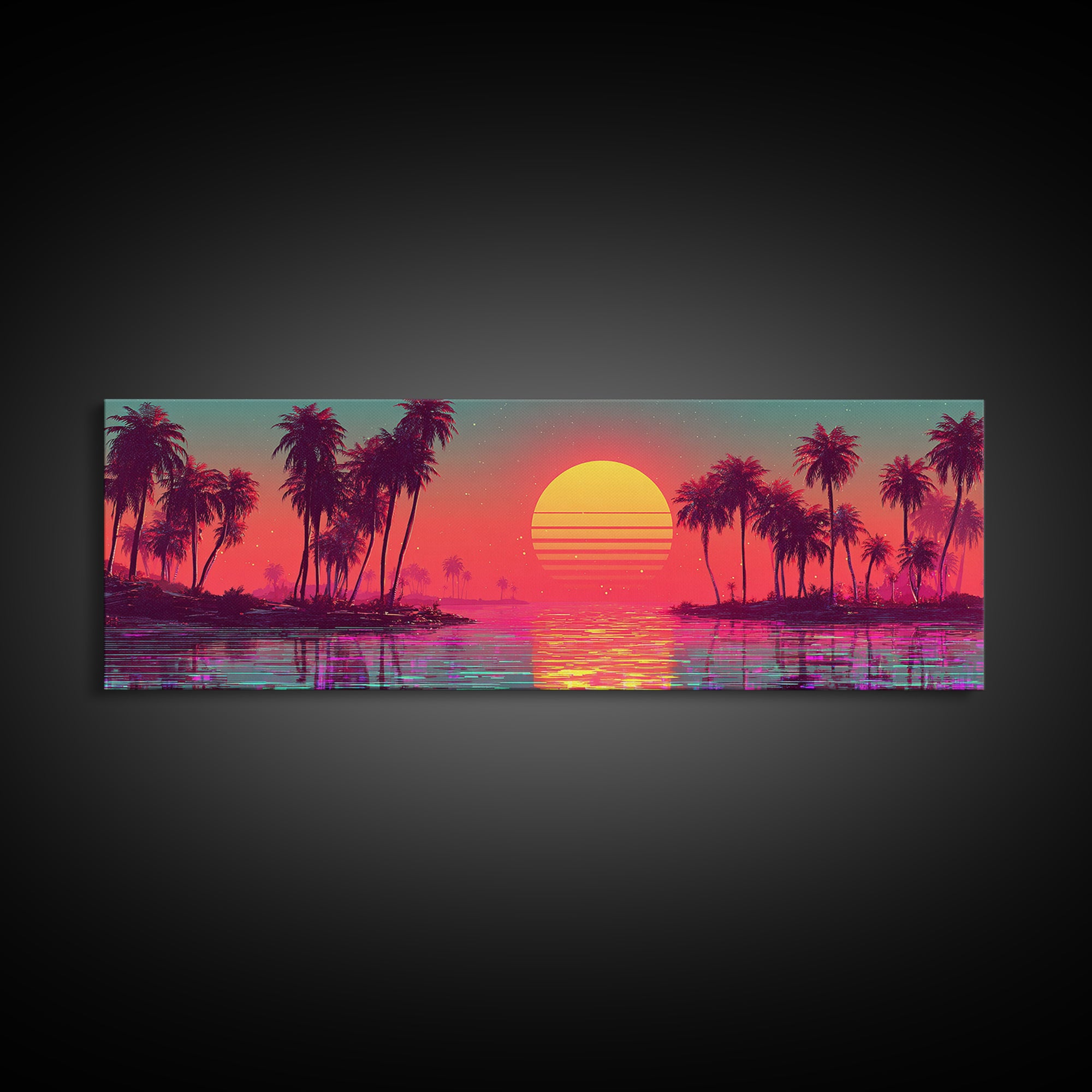 Pastel Tropical Lagoon Sunset With Palms, Vaporwave Canvas Print, Coastal Wall Art, Beach House Decor, Pink Room Decor Print