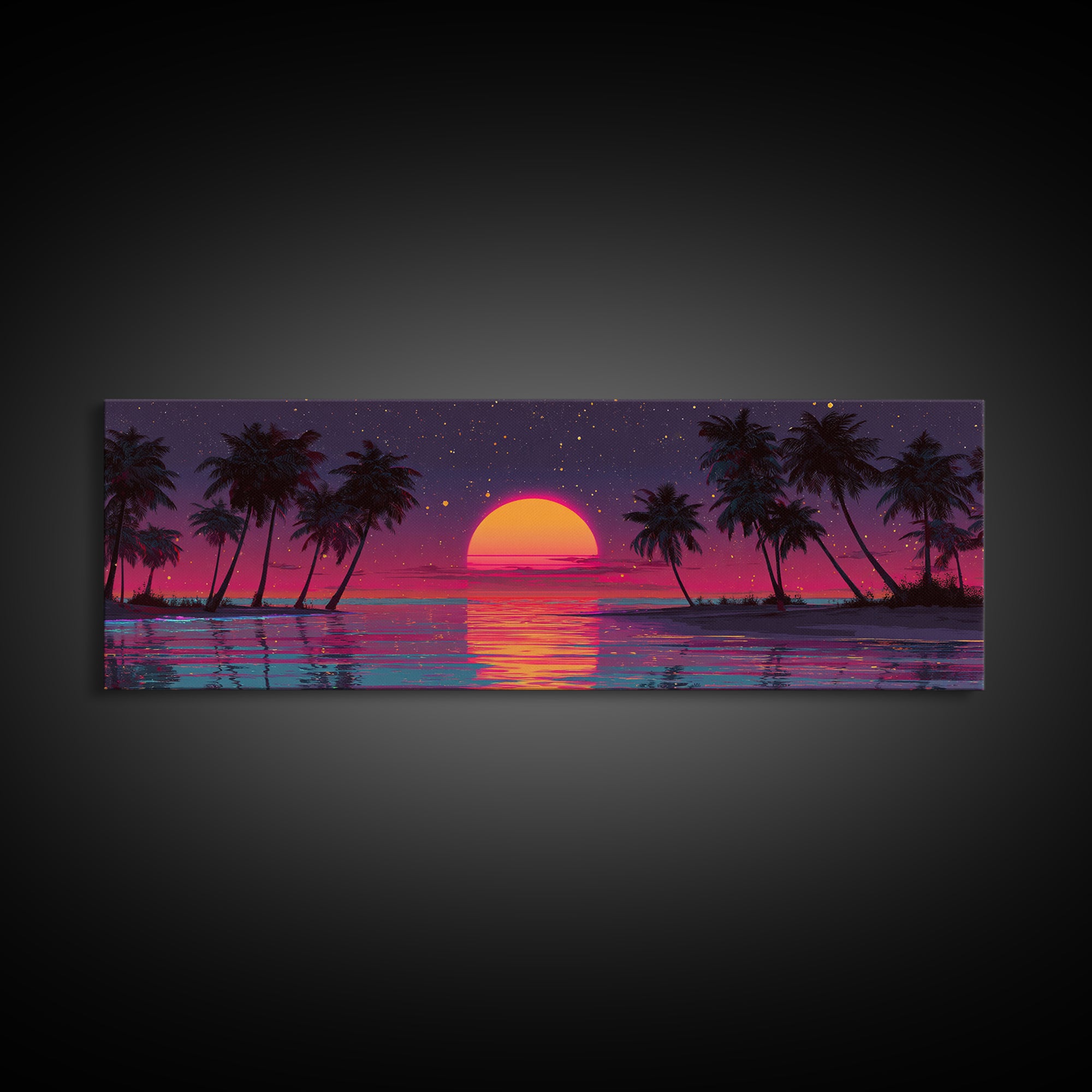 Retro Tropical Sunset Over Palm Island Wall Art, Neon Ocean Landscape, Coastal Decor, Beach House, Large Horizontal Print