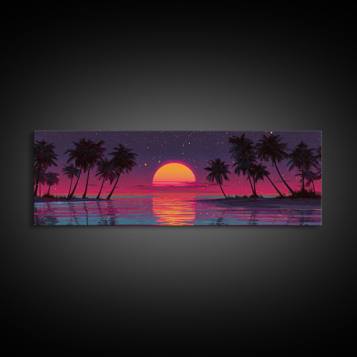 Retro Tropical Sunset Over Palm Island Wall Art, Neon Ocean Landscape, Coastal Decor, Beach House, Large Horizontal Print