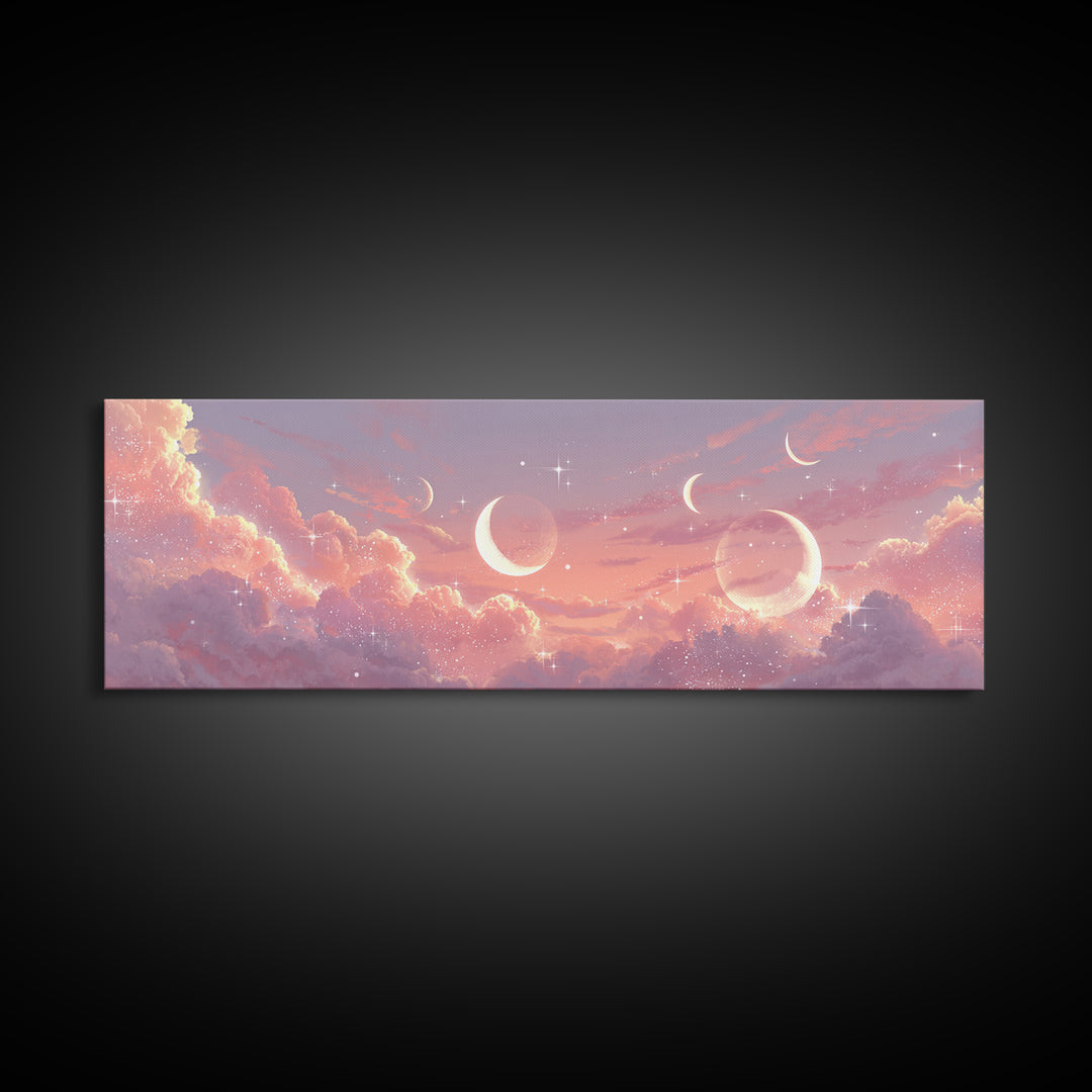 Pink Celestial Cloudscape With Crescent Moons Canvas Print, Dreamy Wall Art, Starry Nursery Decor, Romantic Bedroom Art Print