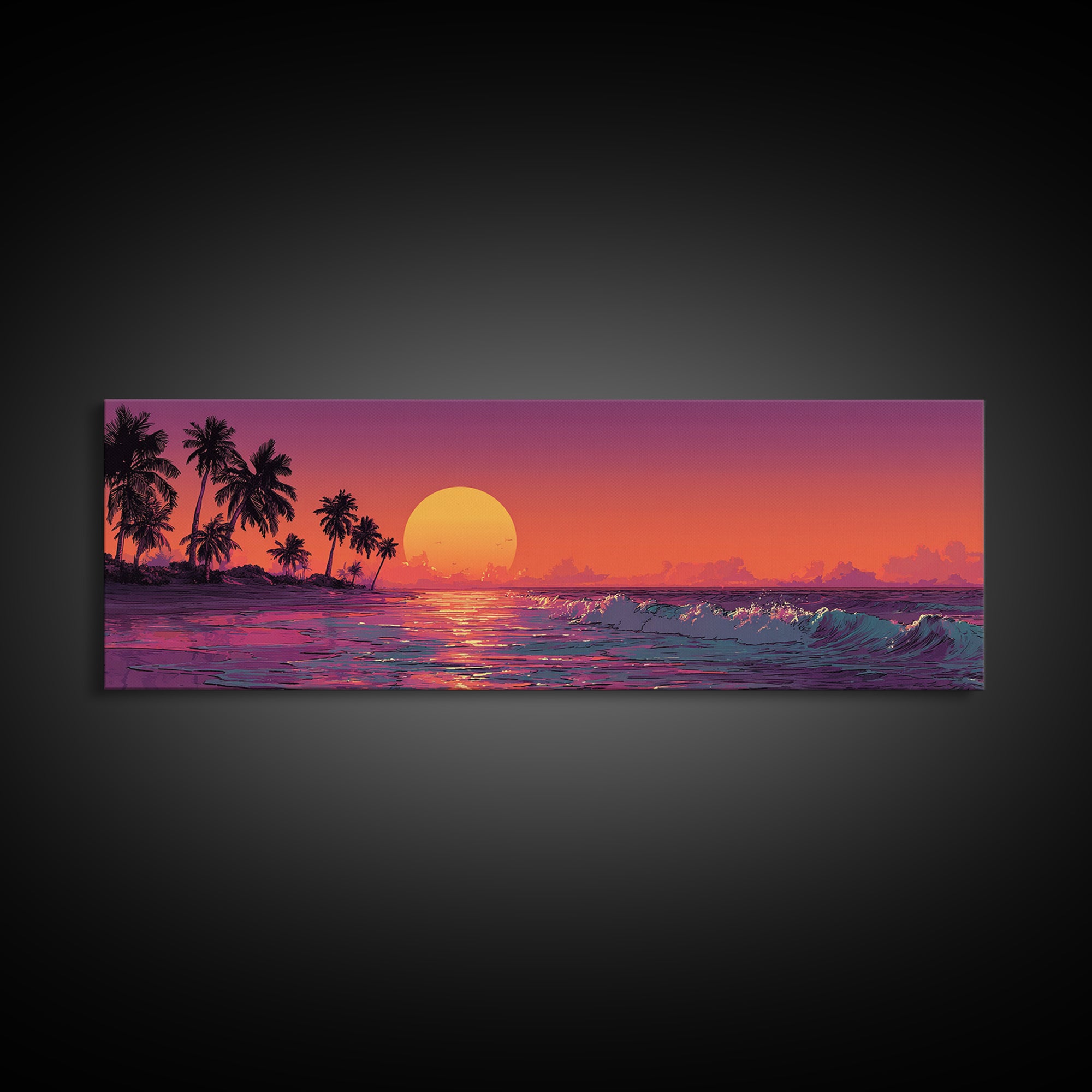Tropical Orange Sunset Over Ocean Canvas Print, Palm Tree Beach Wall Decor, Coastal Seascape Art For Living Room, Home Decor