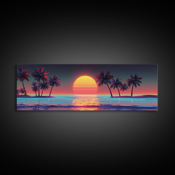 Retro Palm Island Sunset Canvas Print, Tropical Beach Wall Art, Coastal Decor, Summer Vibes, Large Living Room Poster, Home Decor