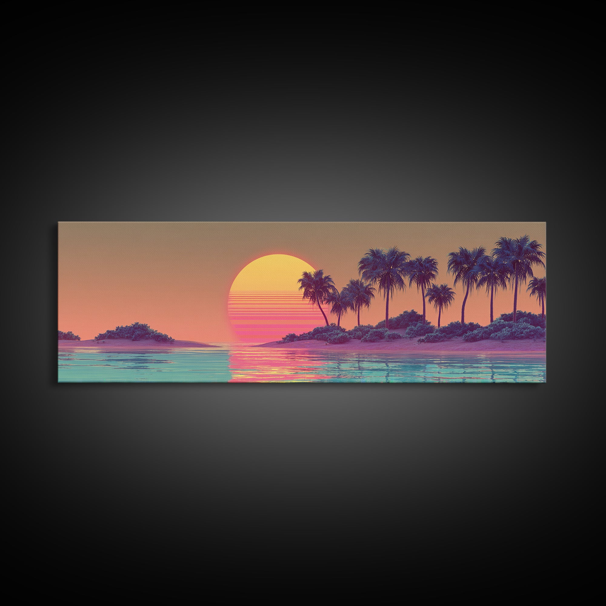 Tropical Palm Island Sunset Canvas Print, Retro Coastal Wall Art, Beach House Decor, Vaporwave Summer Landscape Art Print