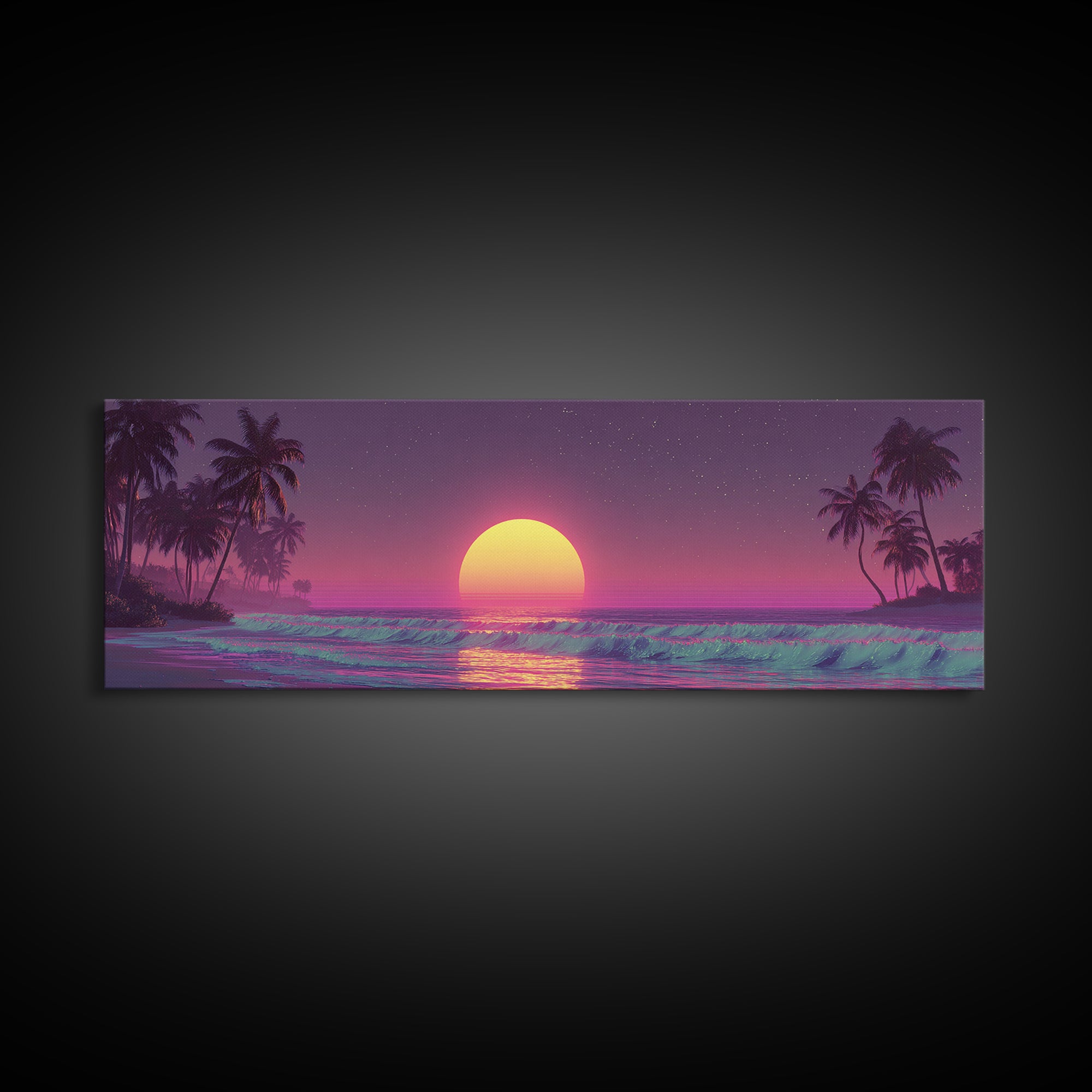 Dreamy Tropical Moonrise Over Ocean Canvas Print, Vaporwave Beach Wall Art, Palm Tree Decor, Coastal Bedroom, Sunset Print
