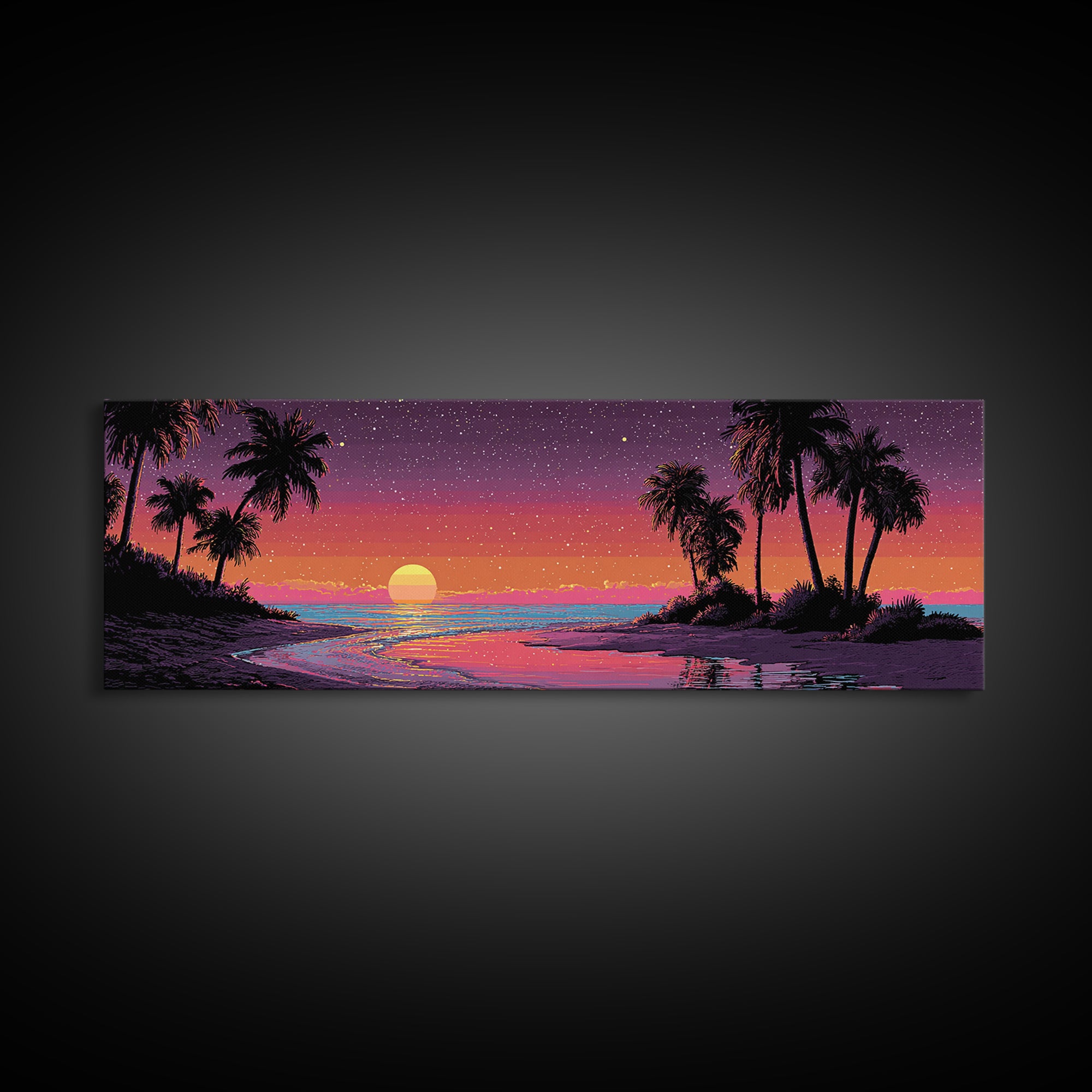Tropical Pixel Sunset Beach With Palms, Retro Vaporwave Canvas Print, Coastal Wall Art, Beach House Decor, Gift For Her Print