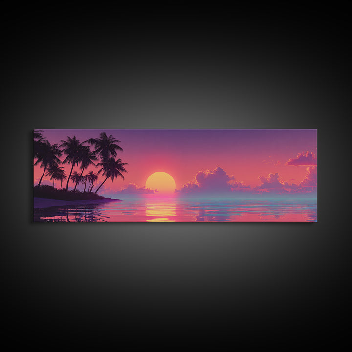 Pastel Island Sunset Over Calm Ocean Canvas Print, Tropical Palm Beach Wall Art, Coastal Home Decor, Pink Seascape Print