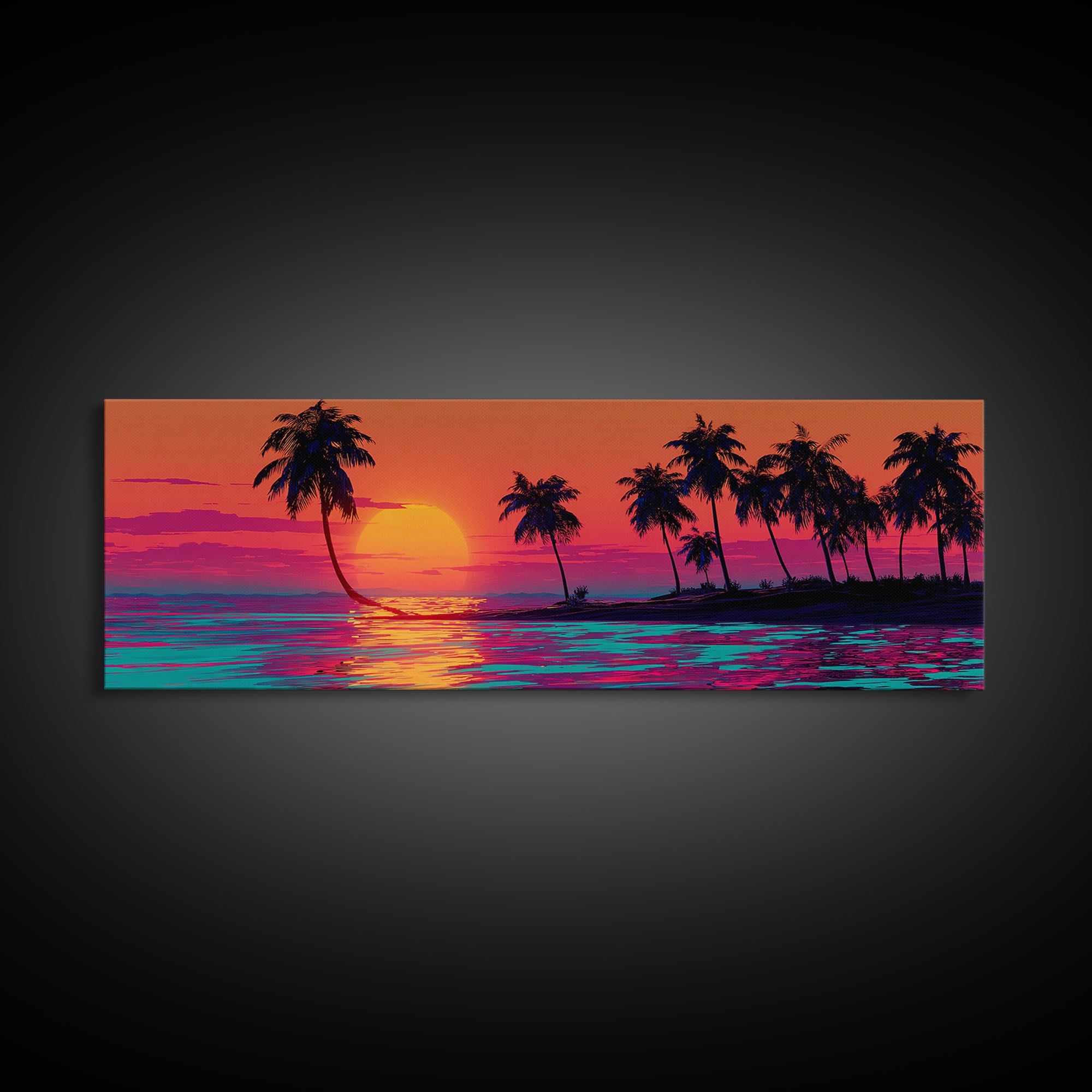 Palm Island Sunset With Neon Ocean, Tropical Wall Art, Coastal Canvas Print, Beach House Decor, Colorful Living Room Art