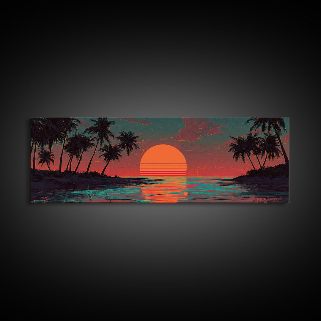 Tropical Palm Island Sunset Wall Art, Retro Beach Canvas Print, Coastal Decor, Ocean Poster, Summer Housewarming Gift, Tropical Home Decor