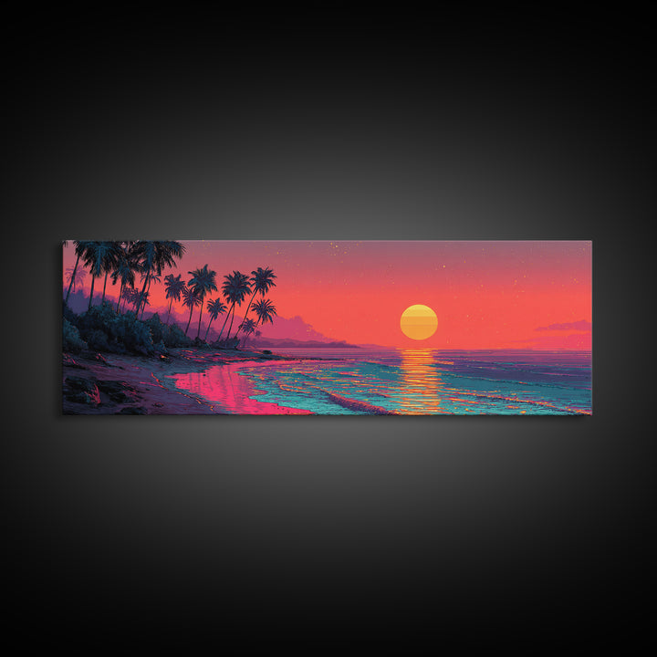 Neon Tropical Beach Sunset With Palms Wall Art, Coastal Decor, Pink Ocean Landscape, Retro Panoramic Summer Canvas Print