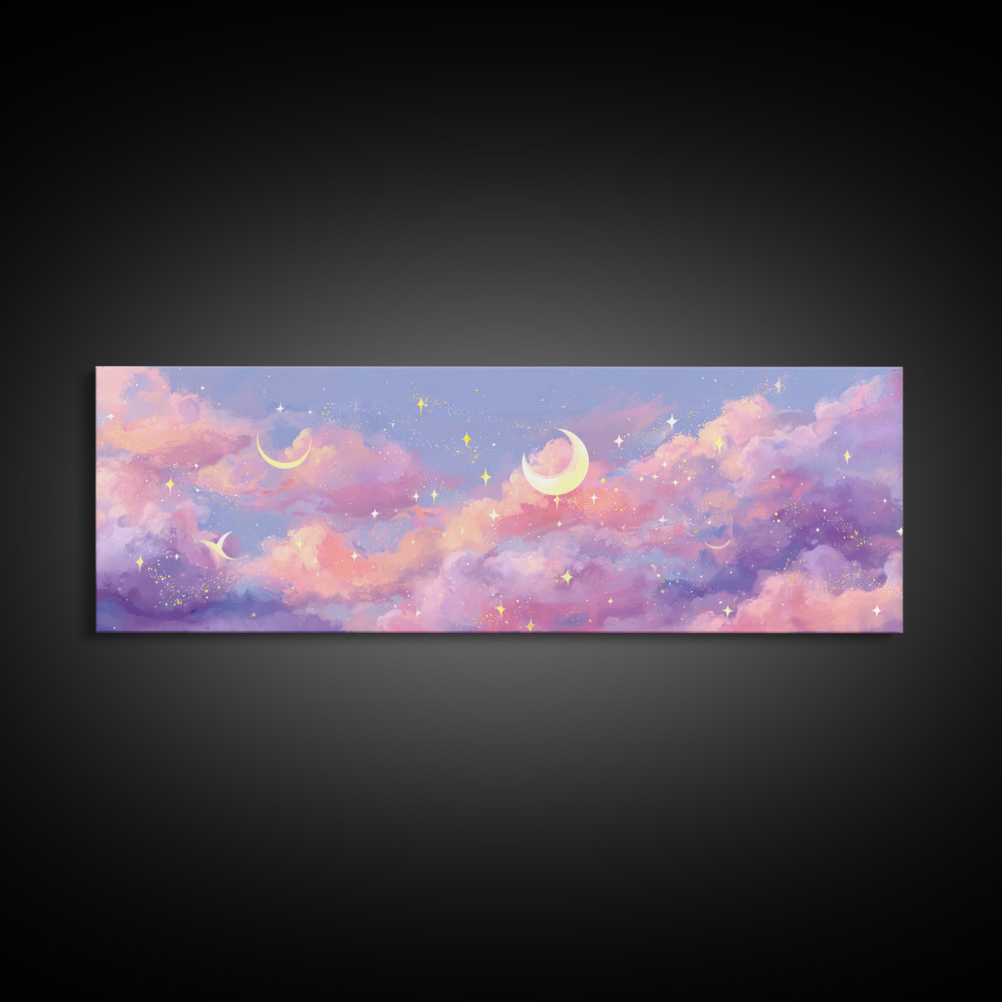 Pastel Crescent Moon Clouds Wall Art, Magical Celestial Nursery Decor, Whimsical Kids Room Print, Dreamy Bedroom Canvas Art