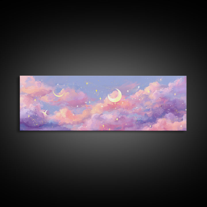 Pastel Crescent Moon Clouds Wall Art, Magical Celestial Nursery Decor, Whimsical Kids Room Print, Dreamy Bedroom Canvas Art