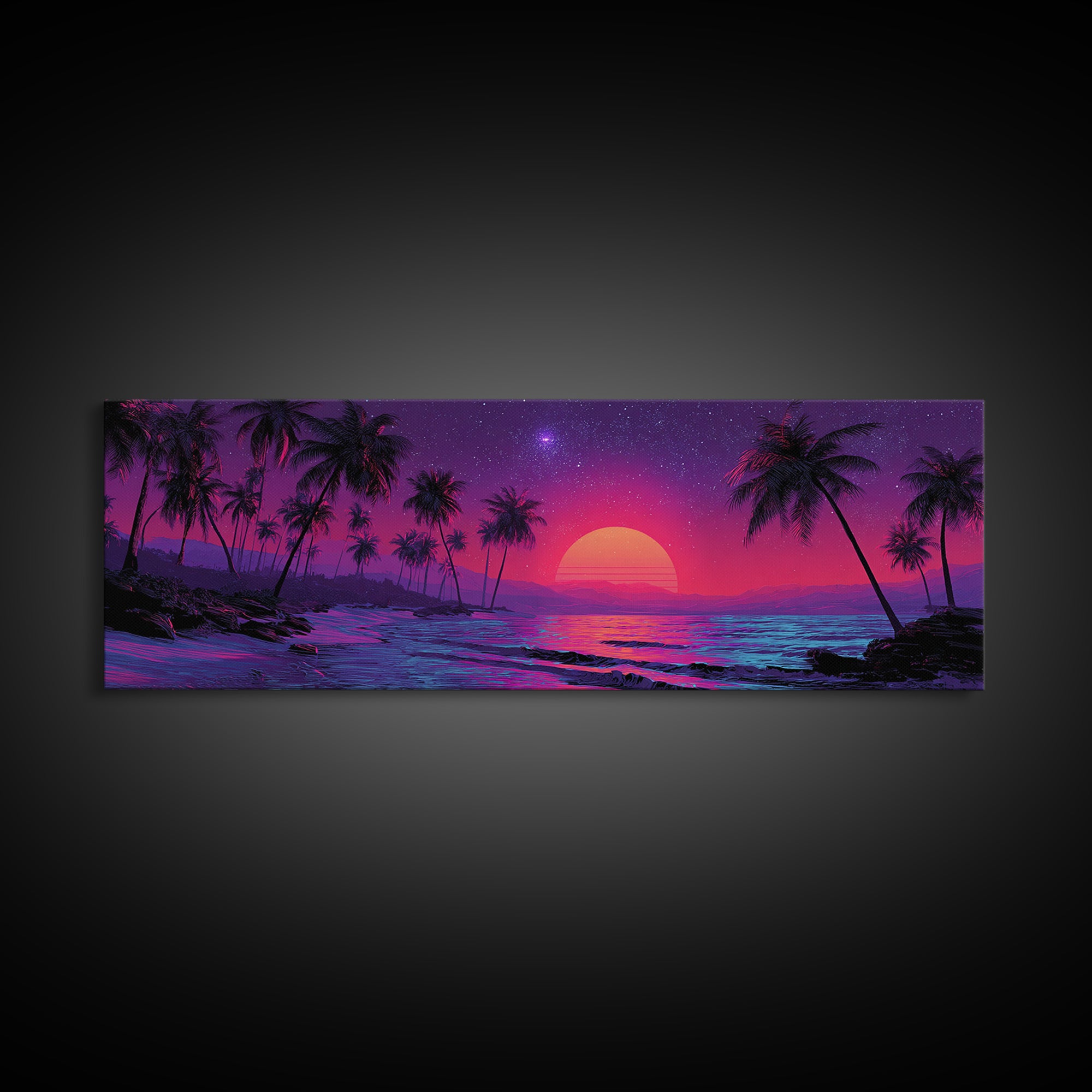 Neon Tropical Palm Beach Canvas Print, Retro Sunset Wall Art, Coastal Decor, Vaporwave Ocean Art Print, Summer Bedroom Art