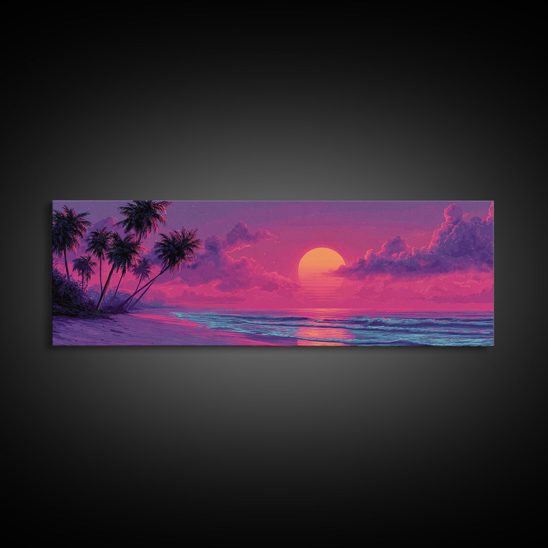 Pink Tropical Beach Sunset Wall Art, Ocean Palm Tree Canvas Print, Coastal Landscape Decor For Bedroom Living Room Wall Decor