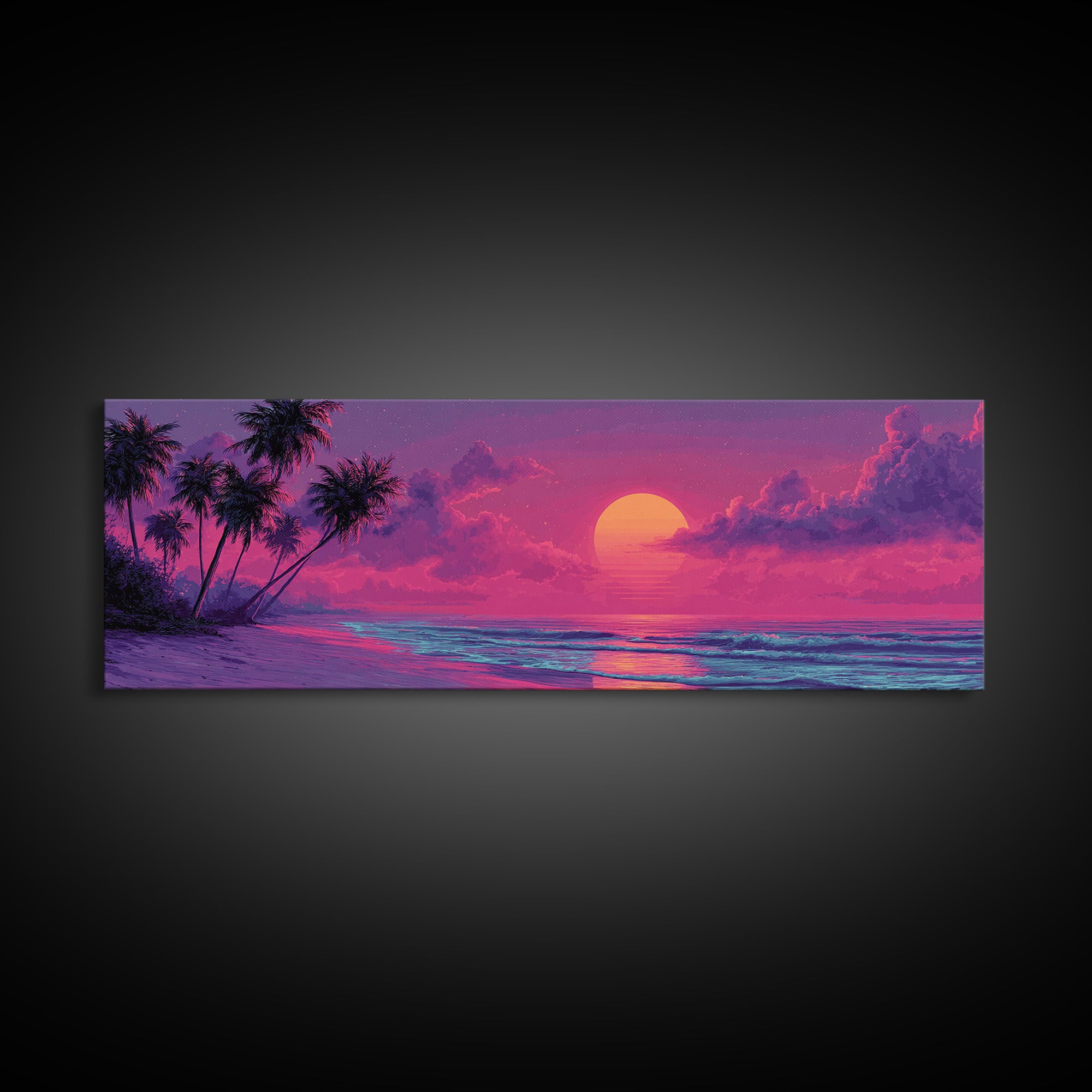 Pink Tropical Beach Sunset Wall Art, Ocean Palm Tree Canvas Print, Coastal Landscape Decor For Bedroom Living Room Wall Decor