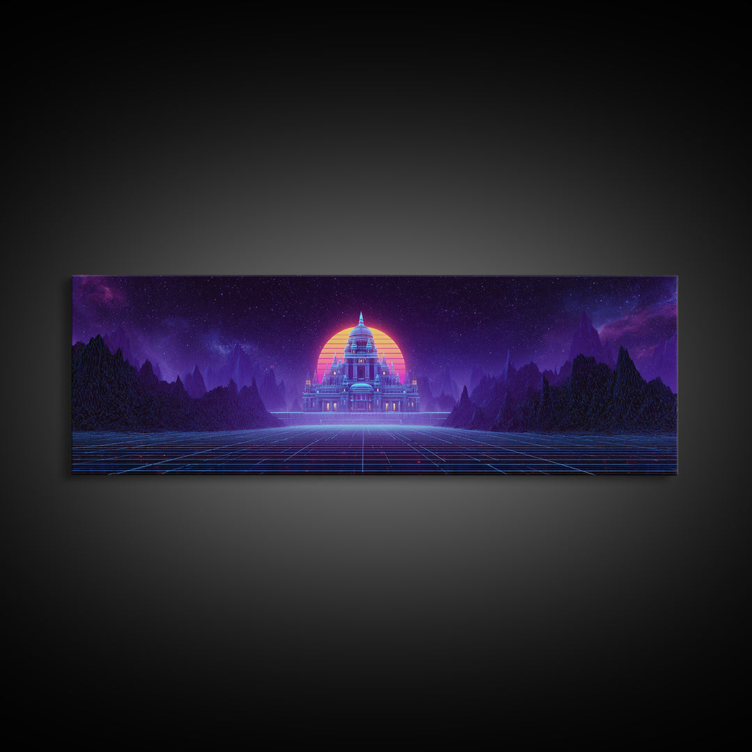 Neon Temple Beneath Cosmic Sunset Framed Canvas Print, Synthwave Wall Art, Futuristic Decor, Sci Fi Living Room Art, Home Decor