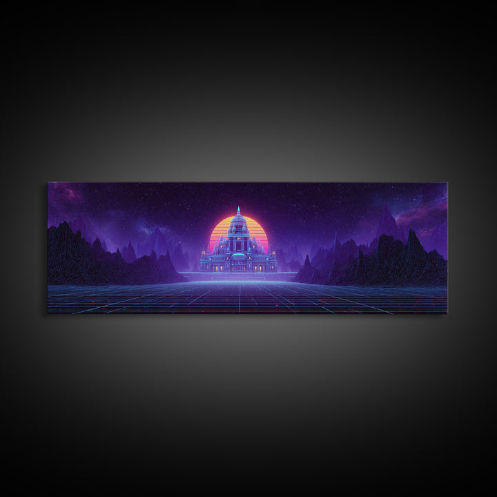 Neon Temple Beneath Cosmic Sunset Framed Canvas Print, Synthwave Wall Art, Futuristic Decor, Sci Fi Living Room Art, Home Decor
