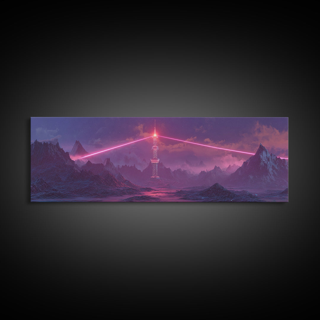 Cyberpunk Mountain Tower Canvas Print, Neon Sci Fi Wall Art, Futuristic Landscape Decor, Gaming Room Poster, Gift For Him