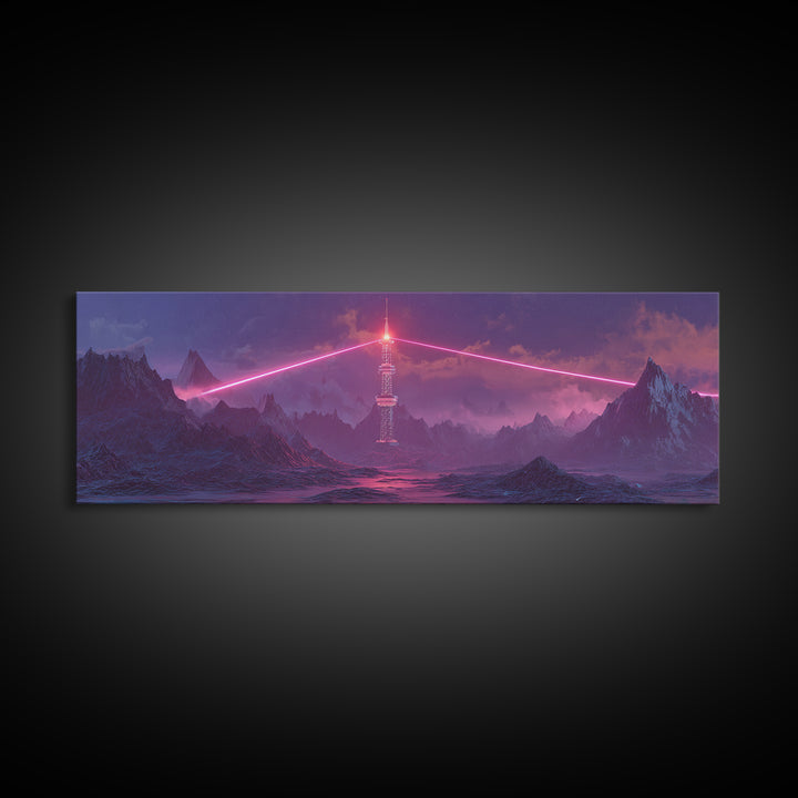 Cyberpunk Mountain Tower Canvas Print, Neon Sci Fi Wall Art, Futuristic Landscape Decor, Gaming Room Poster, Gift For Him