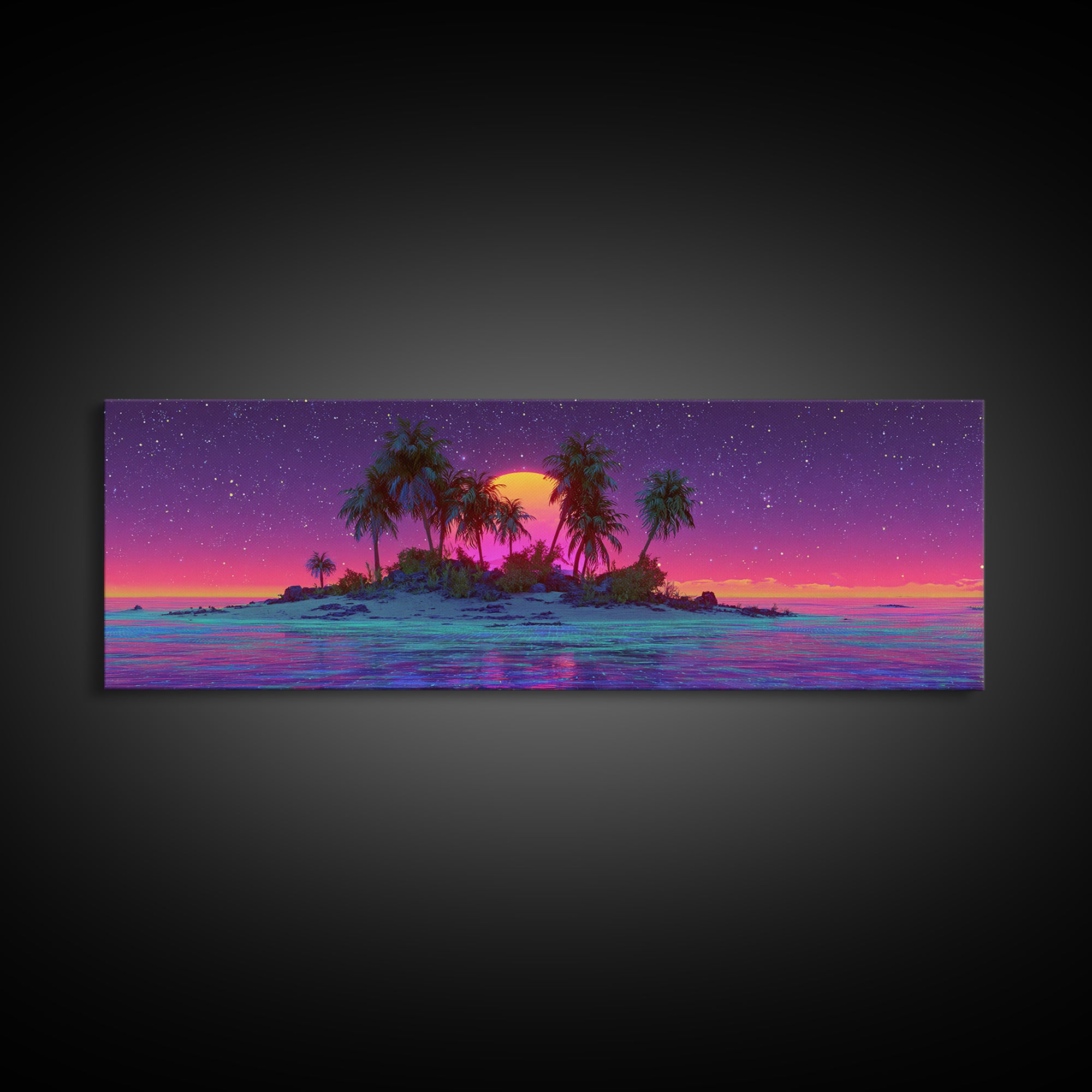 Neon Island Moonrise Wall Art, Starry Tropical Ocean Canvas Print, Purple Pink Coastal Decor, Fantasy Beach House Living Room Print