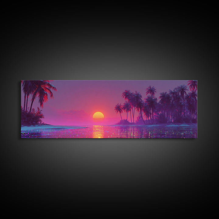 Pink Tropical Ocean Sunset Canvas Print, Palm Island Wall Art, Coastal Beach Decor, Large Vibrant Seascape Wall Art Print